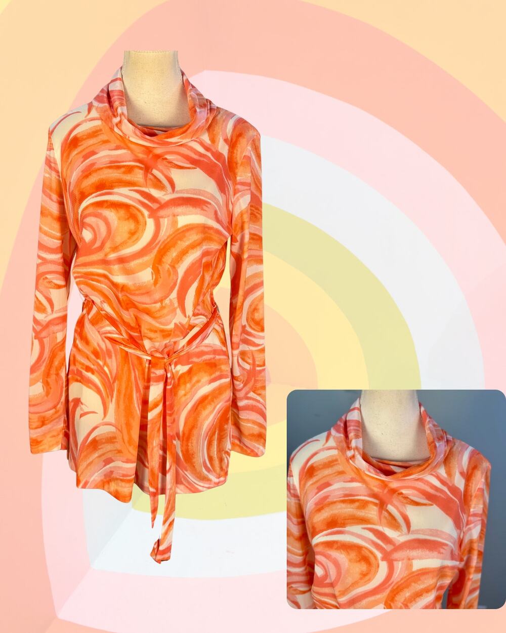 Vintage 70s Vera Coral Watercolor Swirl Cowl Neck Tunic Tie Waist Blouse M/L